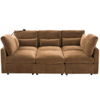 Modern brown chenille modular sectional sofa with plush cushions, USB port, and phone holder.