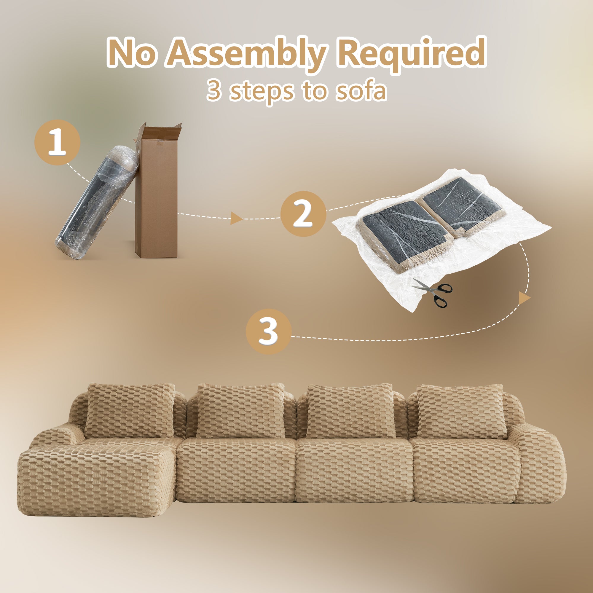No assembly required setup instructions for the L-Shaped Modular Sofa, delivered in 4 packages with easy 3-step installation.