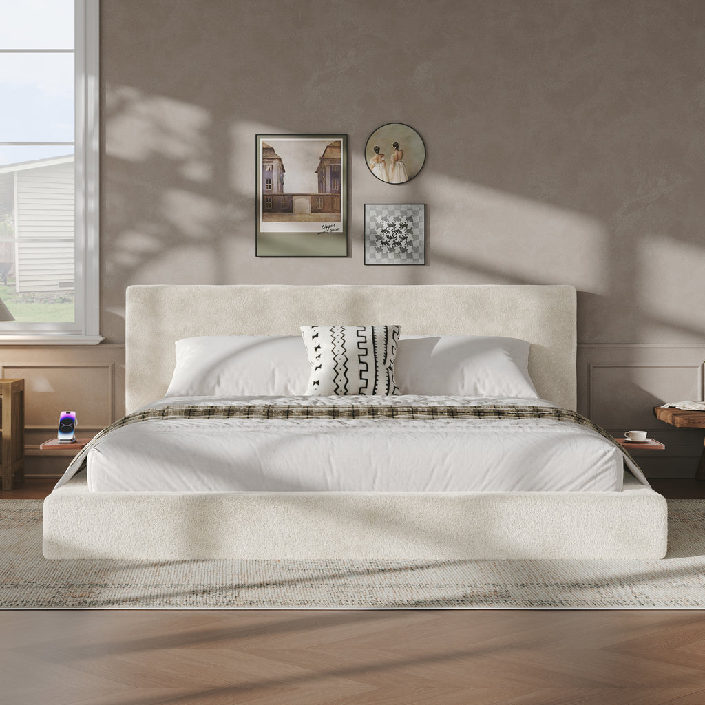 AirFrame King Bed Frame in Off-White Chenille with Padded Headboard