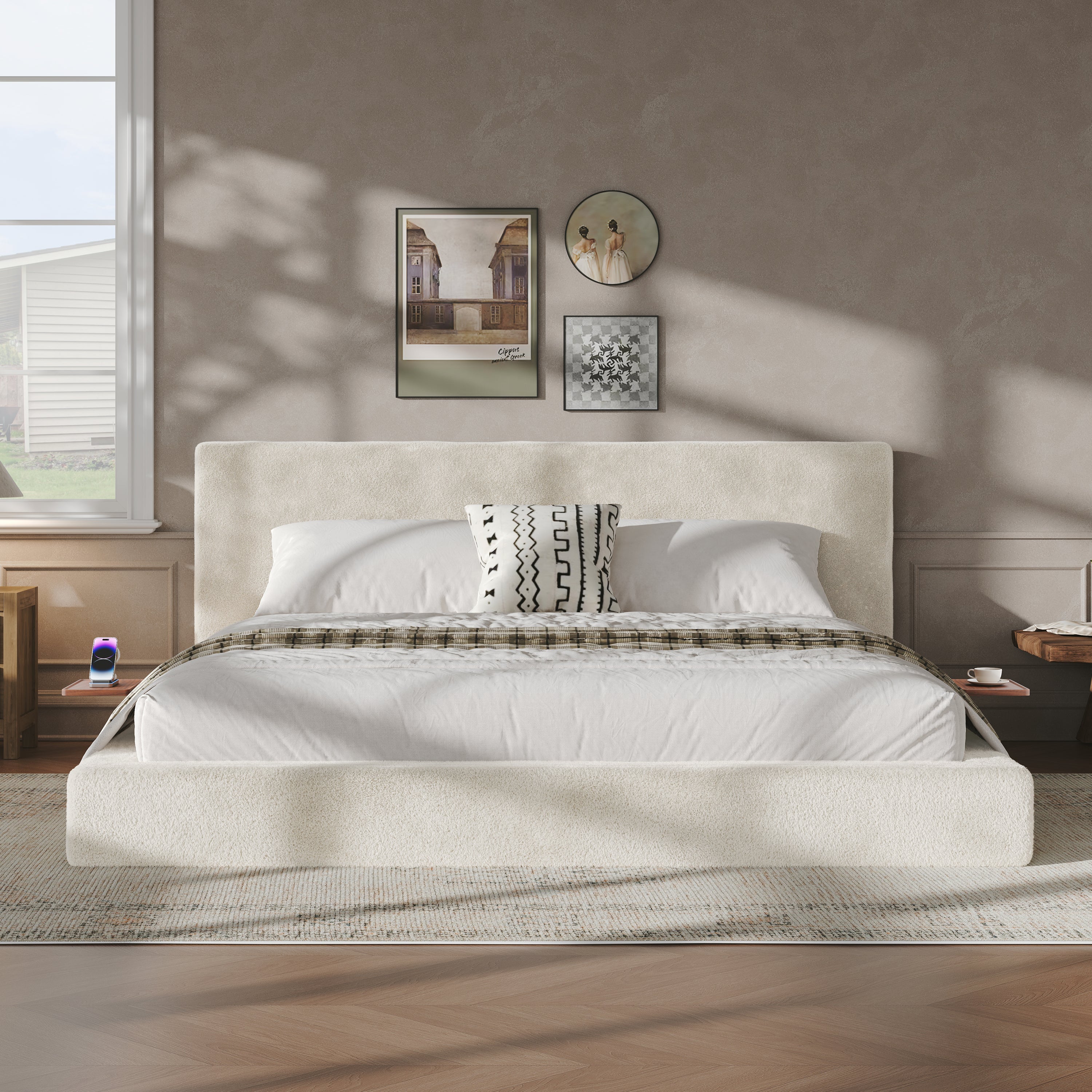 AirFrame King Bed Frame in Off-White Chenille with Padded Headboard
