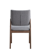Rear view of Sarha dining chair with gray upholstery and walnut wood frame. Modern and supportive design.