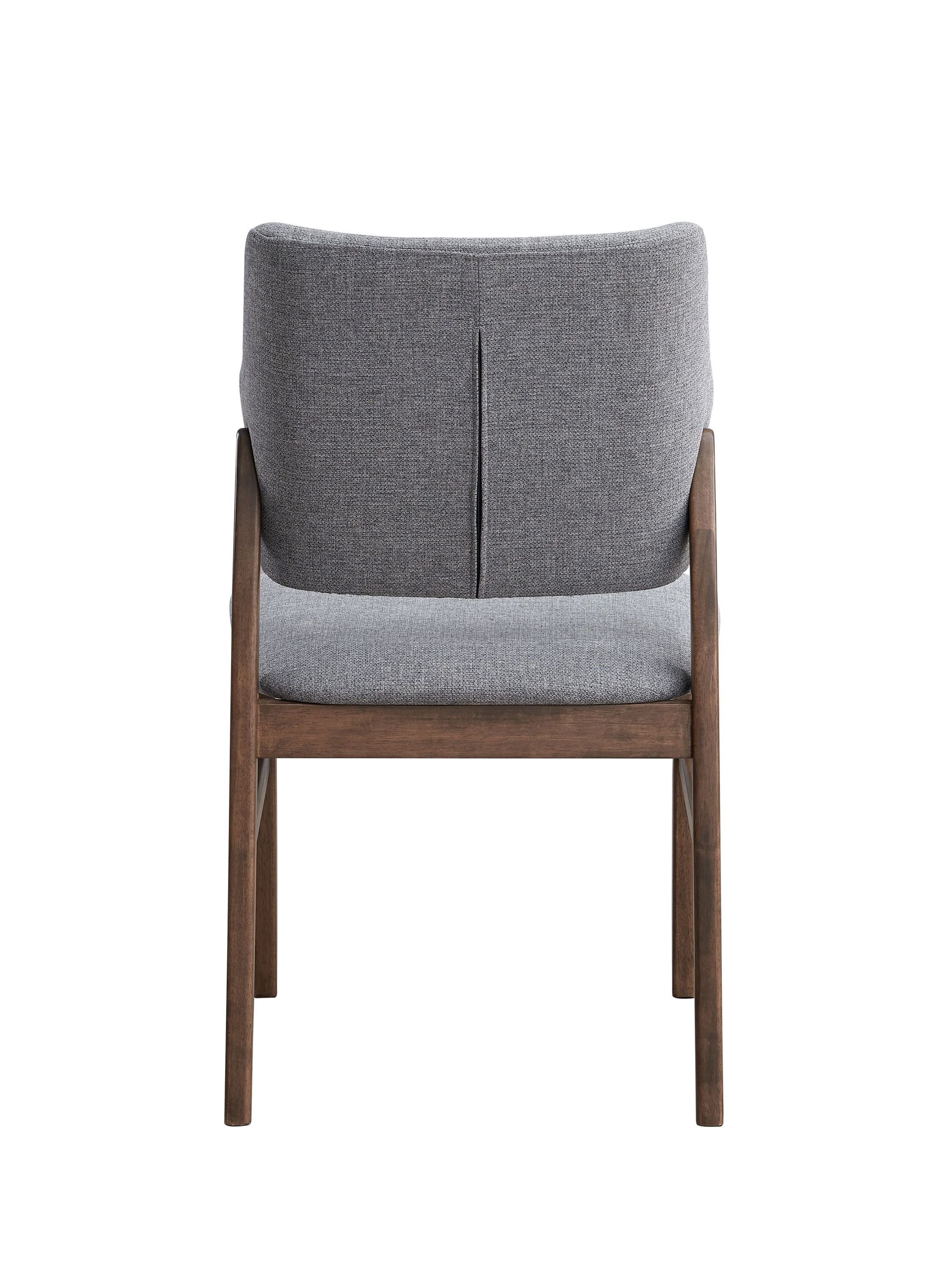 Rear view of Sarha dining chair with gray upholstery and walnut wood frame. Modern and supportive design.