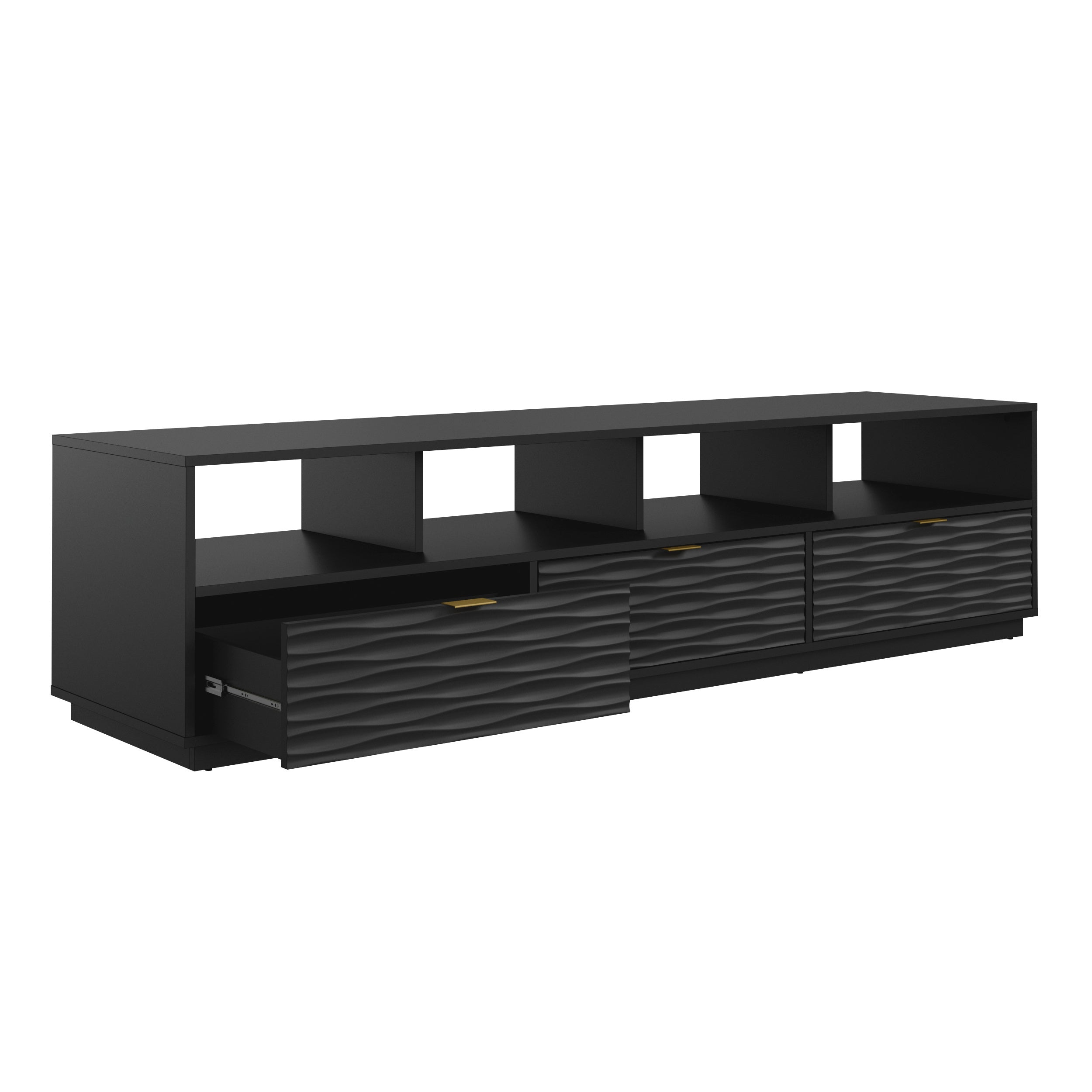 Black coastal style media console with one drawer open, revealing spacious interior for organized media storage.