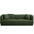 Dark green mid-century modern linen sofa with rounded arms and two throw pillows, set on a solid wood frame.