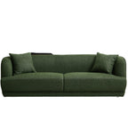 Dark green mid-century modern linen sofa with rounded arms and two throw pillows, set on a solid wood frame.
