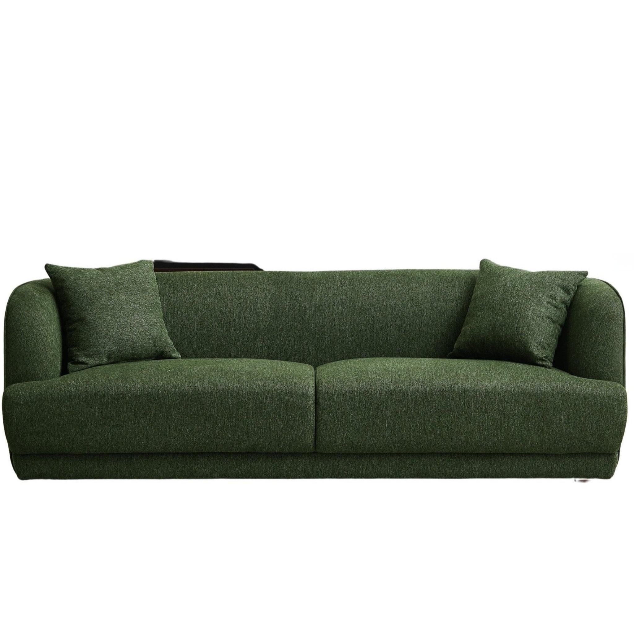 Dark green mid-century modern linen sofa with rounded arms and two throw pillows, set on a solid wood frame.