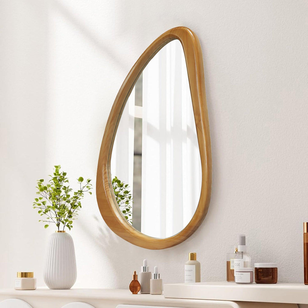 Teardrop Wooden Wall Mirror for Modern Home Decor.