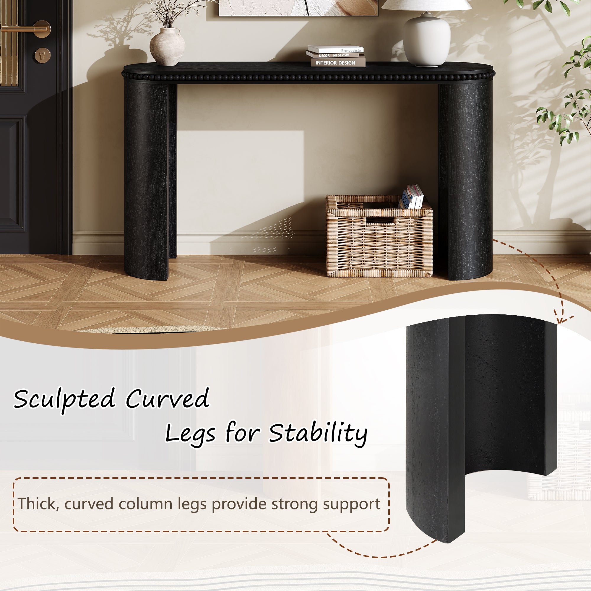 Detail of sculpted curved legs on the Mirod Console Table, emphasizing stability and bold vintage design.