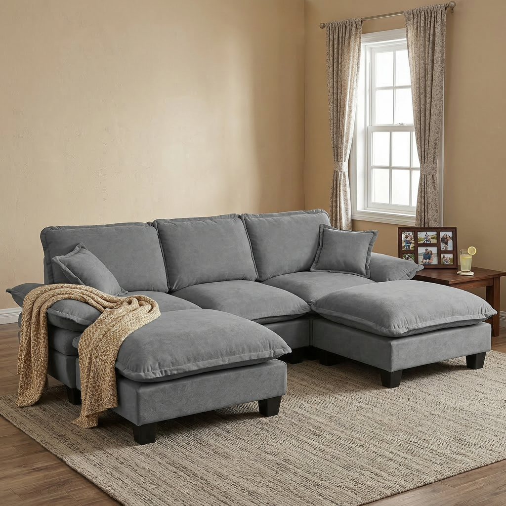 Grey Chenille Modular U-Shape Cloud Sofa with 2 Ottomans