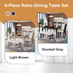 Color options for 6-piece retro dining set including light brown and dovetail gray finishes, perfect for matching various home decor styles.