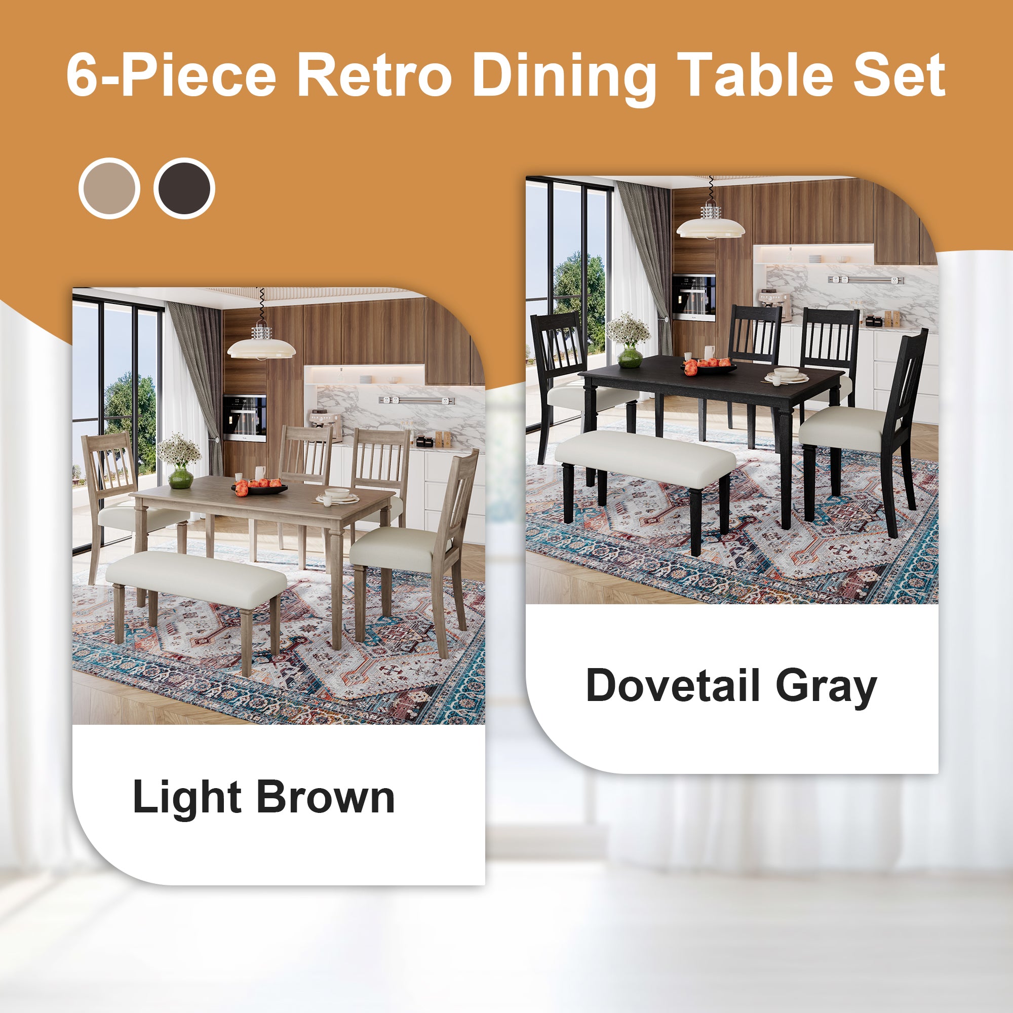 Color options for 6-piece retro dining set including light brown and dovetail gray finishes, perfect for matching various home decor styles.