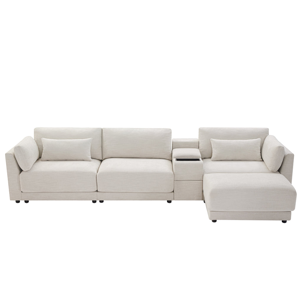 Straight-on view of L-Shaped sectional sofa with storage and charging, featuring a clean, symmetrical design and neutral fabric tone.