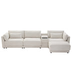 Straight-on view of L-Shaped sectional sofa with storage and charging, featuring a clean, symmetrical design and neutral fabric tone.