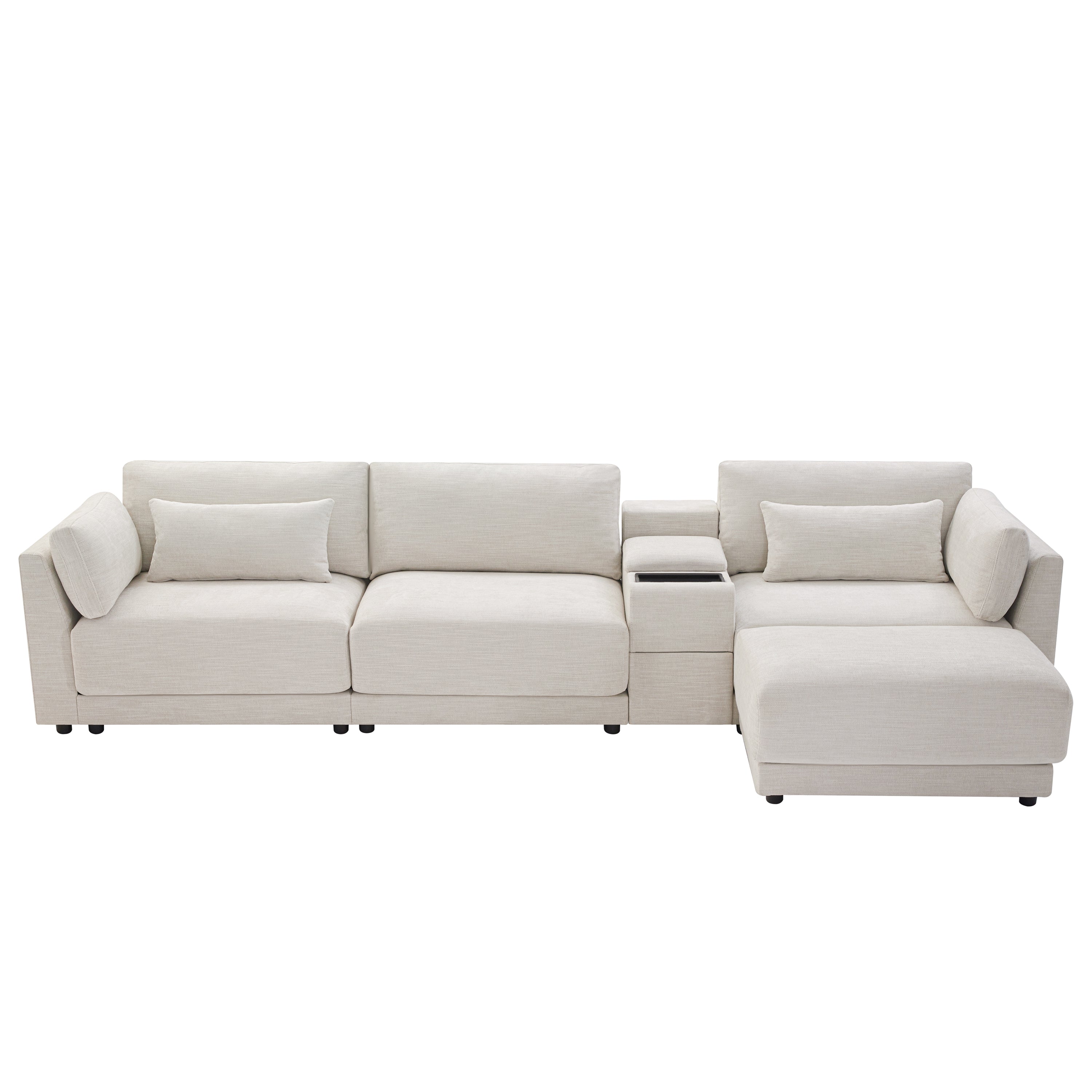 Straight-on view of L-Shaped sectional sofa with storage and charging, featuring a clean, symmetrical design and neutral fabric tone.