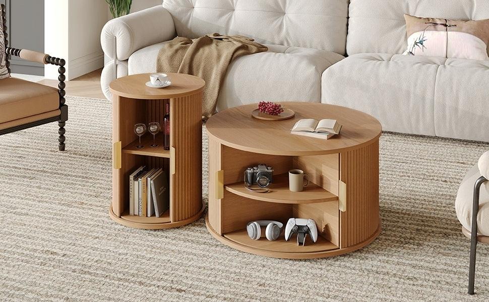 [Assembly Video]Mid-Century Coffee Table Set with Sliding Tambour Door, Round Fluted End Table With Storage, Golden Handle Tall & Low Side Table with Wooden Finish for Living Room, Set of Two ,Natural.