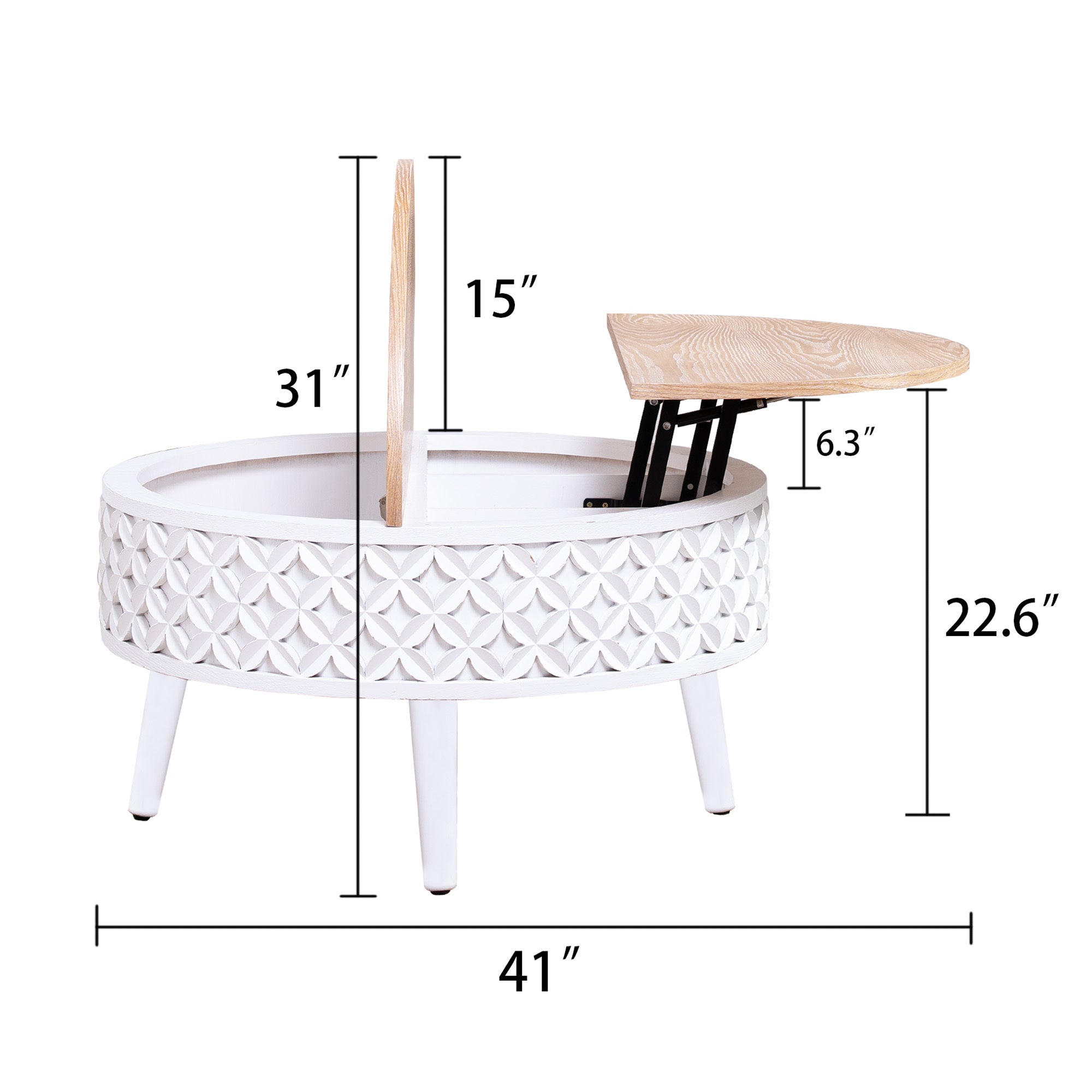 Side view dimensions of lift-top round coffee table with internal storage, featuring white carved base and wood top.