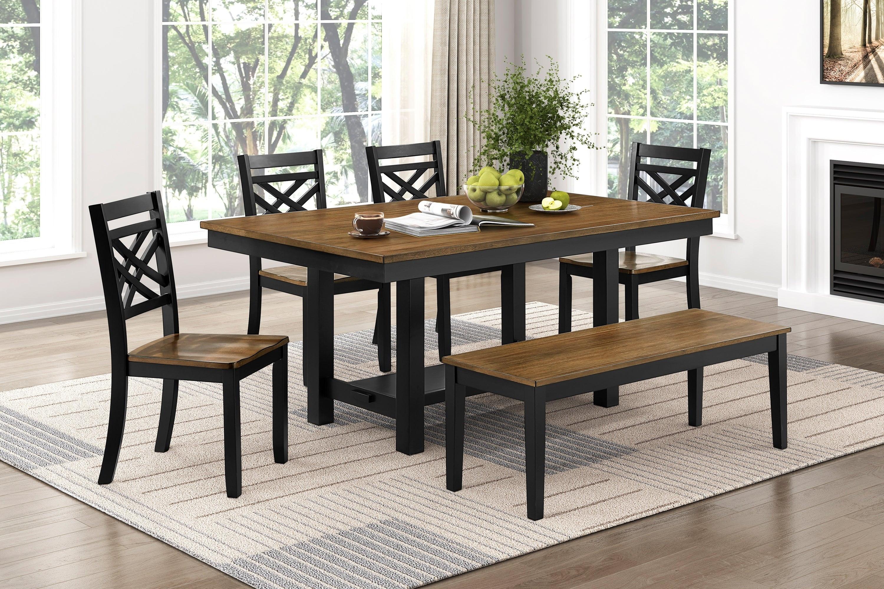 6pc Dining Set with Black Brown Finish - Table, Bench & Chairs.
