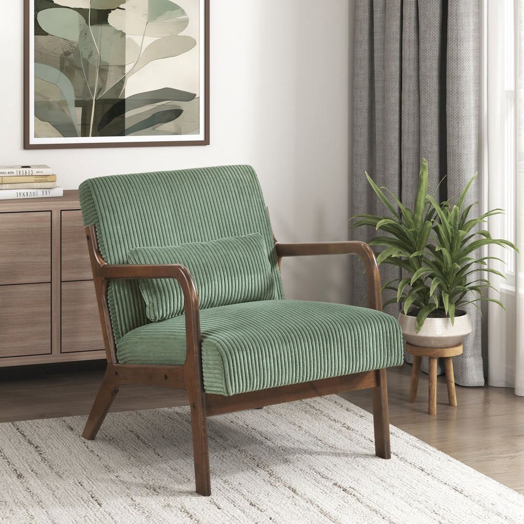 Green Plush Corduroy Accent Chair with Solid Rubber Wood Frame