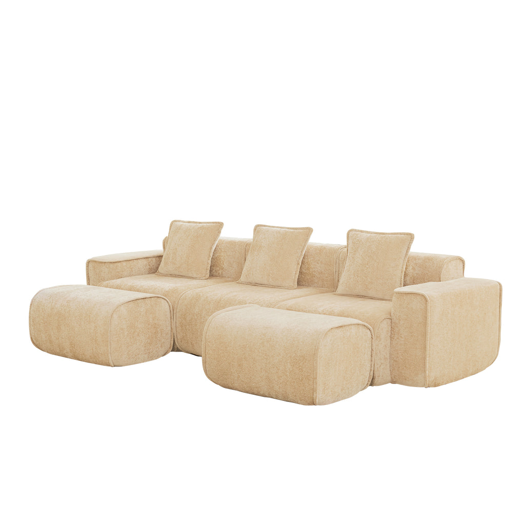 Angled view of Modular Velvet Sectional Sofa with three seats and two ottomans. Light camel velvet and no assembly design.