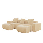 Angled view of Modular Velvet Sectional Sofa with three seats and two ottomans. Light camel velvet and no assembly design.
