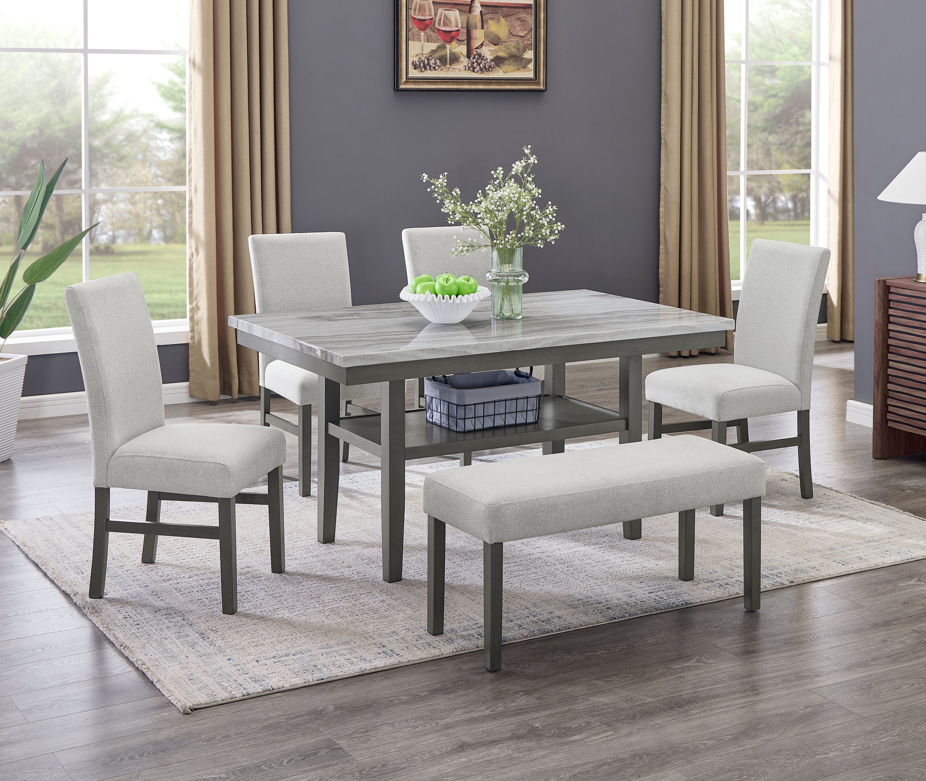 Selena Dining Set in gray faux marble with 60-inch table, 4 upholstered chairs, and bench in modern dining room setting.