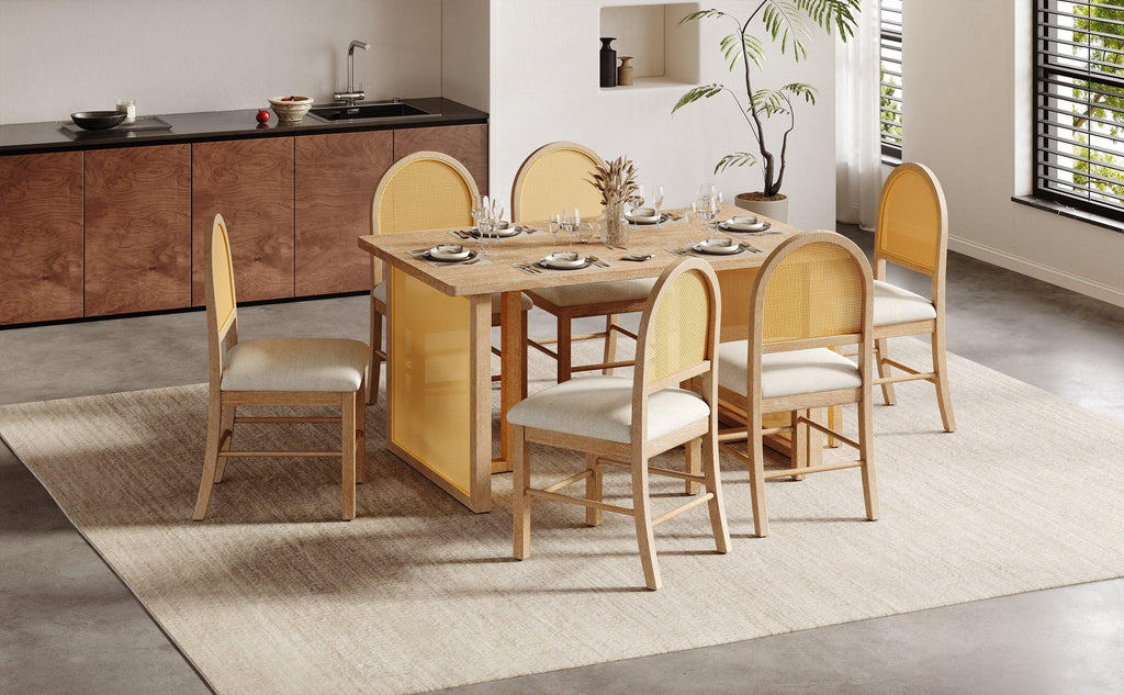 TREXM 7-Piece Farmhouse Dining Table Set for 6 - 59.8' Rectangular Dining Table with Distressed Oak Veneer and 6 Rattan Chairs, Rustic Kitchen Furniture for Dining Room(Natural)