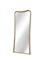 Angled view of full-length floor mirror featuring a curved eucalyptus wood frame, perfect for stylish room accents.