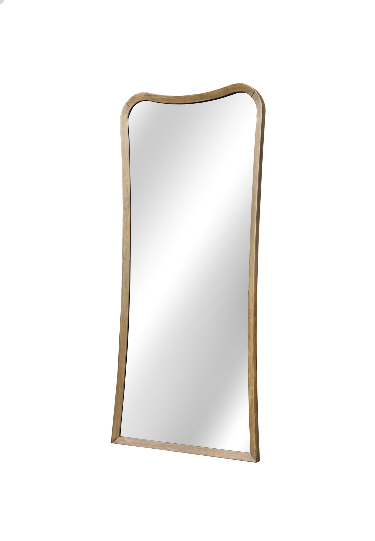 Angled view of full-length floor mirror featuring a curved eucalyptus wood frame, perfect for stylish room accents.