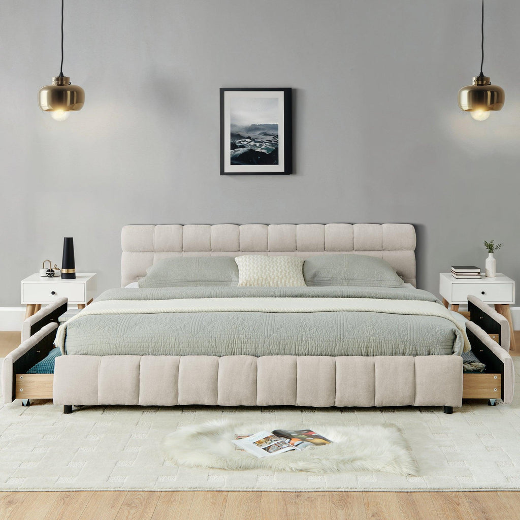 California King Upholstered Bed with Storage Drawer.