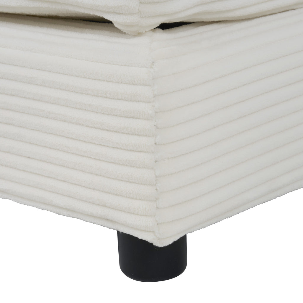 Base and leg detail of Modular Corduroy Sofa Beige - Stylish and Comfortable, showing ribbed fabric and black cylindrical legs.