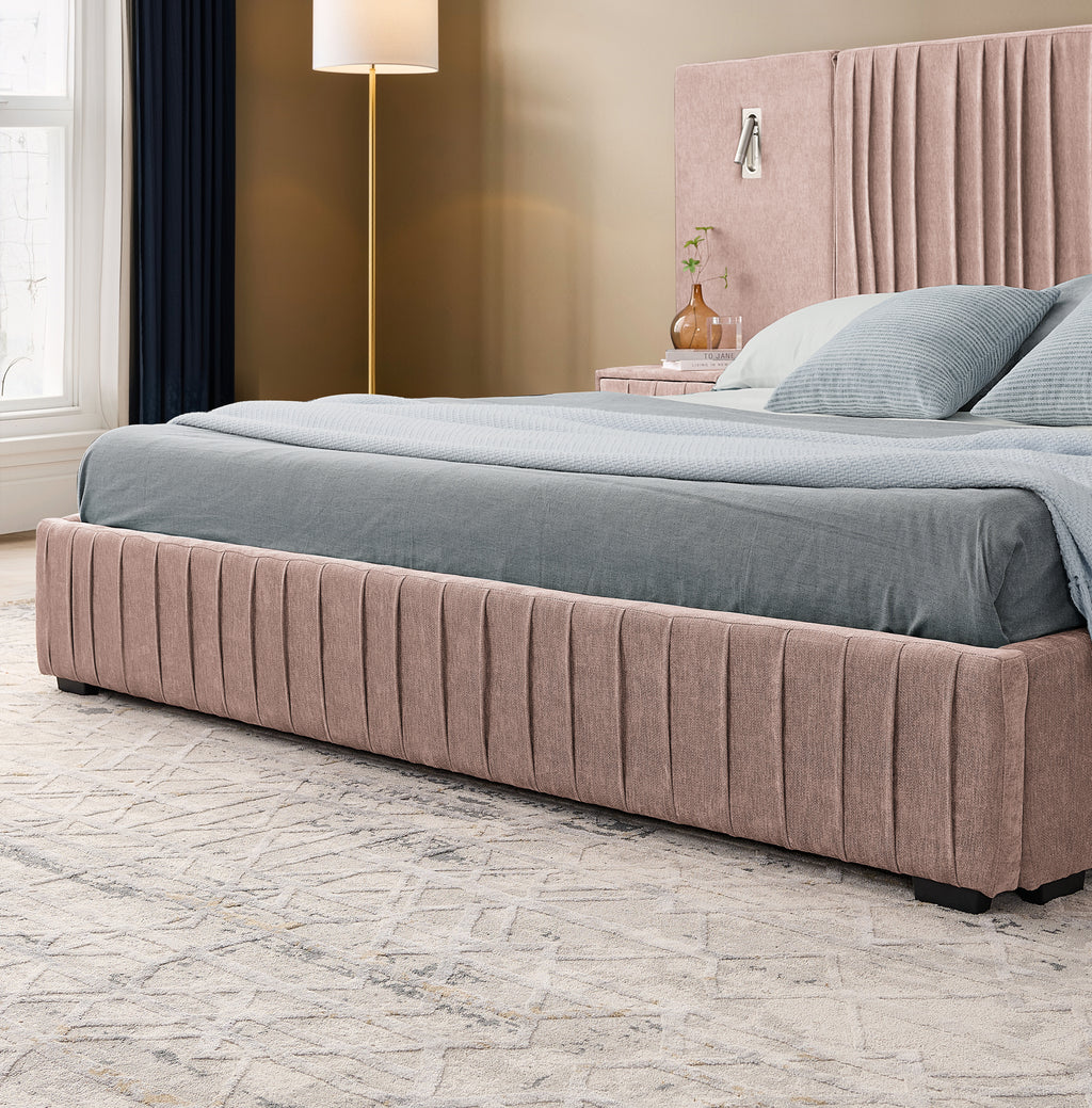 Close-up of queen bed frame base with soft fabric upholstery and sturdy construction, suitable for no box spring setup.