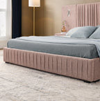 Close-up of queen bed frame base with soft fabric upholstery and sturdy construction, suitable for no box spring setup.
