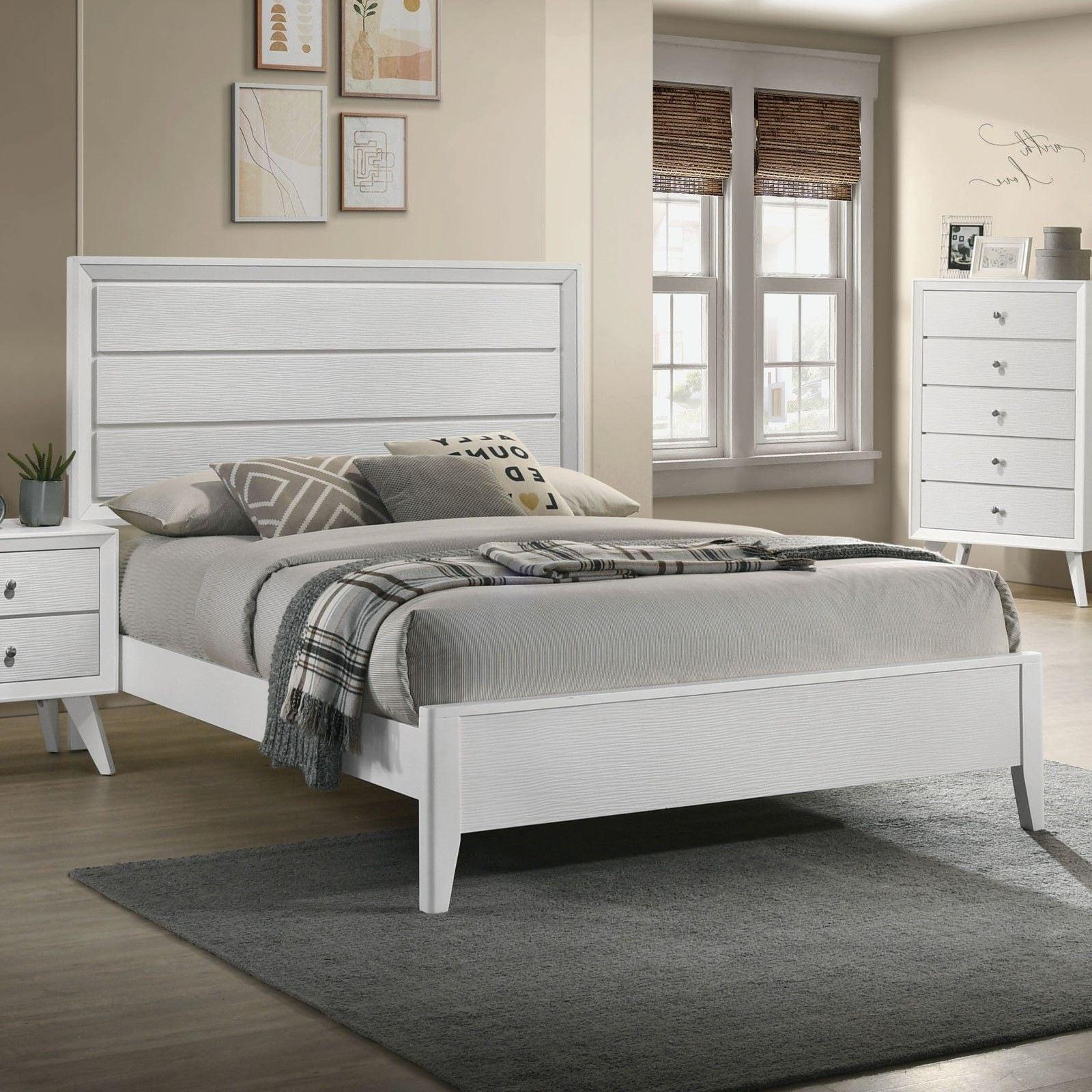 White Queen Size Bed Set with Wave Texture & Nightstands.