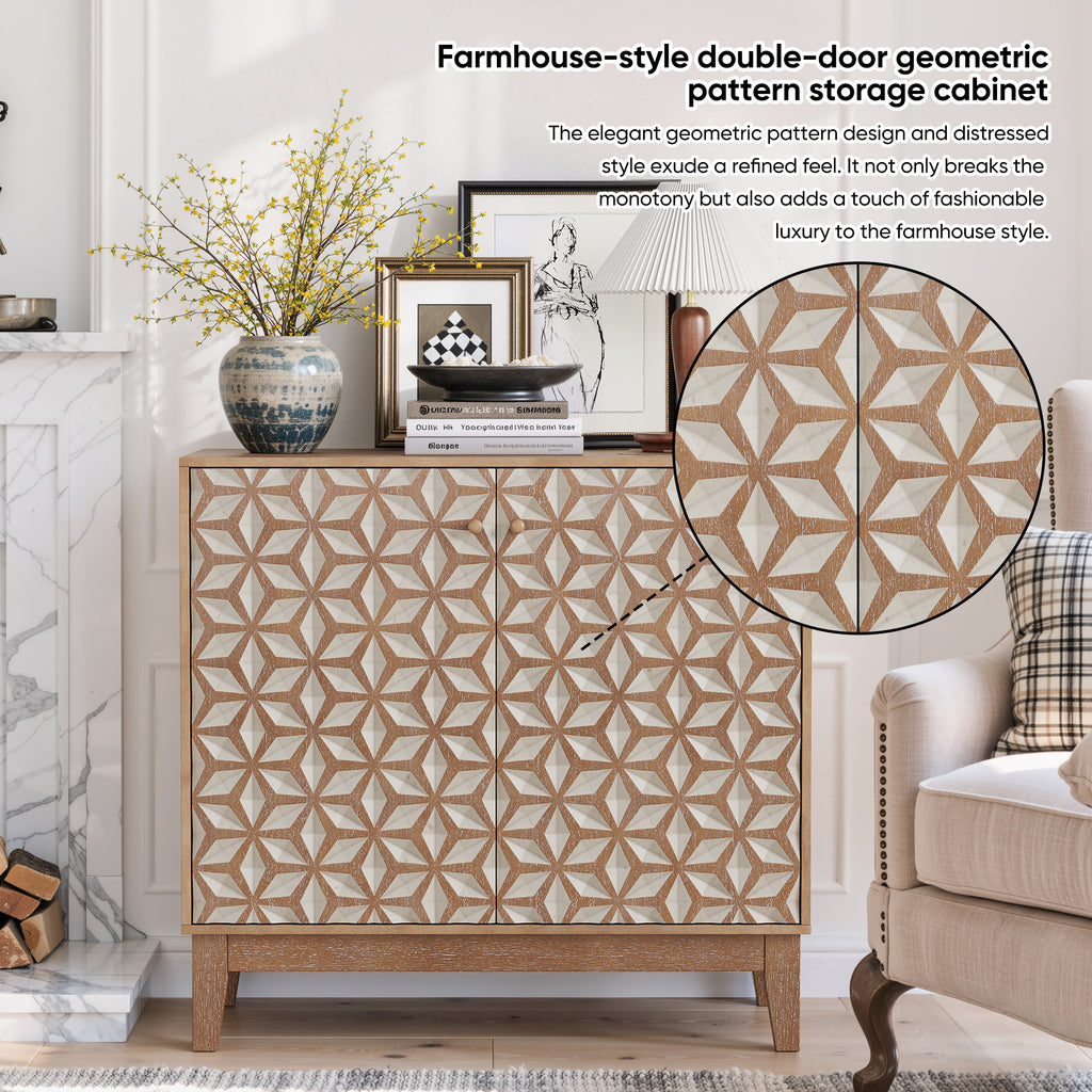 Geometric Sideboard Tangerine Walnut - 31.5" Storage Unit with close-up of geometric pattern and styled in a farmhouse-themed living room.
