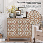 Geometric Sideboard Tangerine Walnut - 31.5" Storage Unit with close-up of geometric pattern and styled in a farmhouse-themed living room.