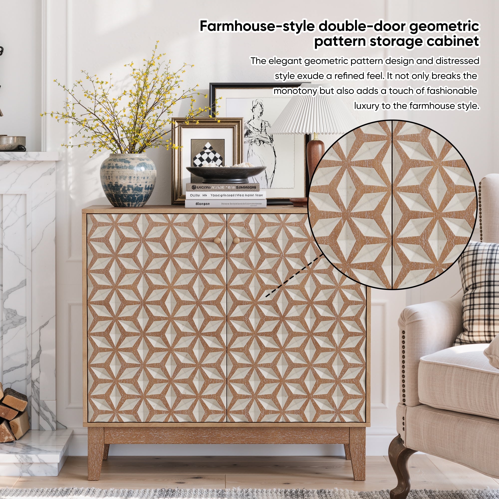 Geometric Sideboard Tangerine Walnut - 31.5" Storage Unit with close-up of geometric pattern and styled in a farmhouse-themed living room.