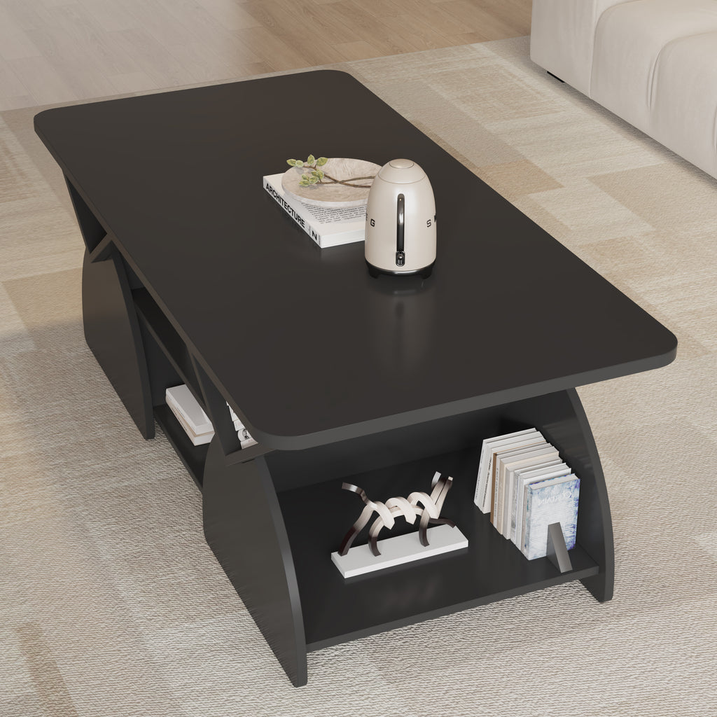 Close-up of engineered wood coffee table with geometric storage shelves, featuring books and modern decor.