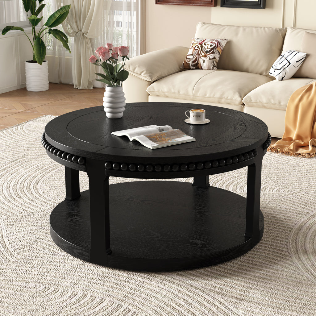 31.5 Inch Solid Wood Round Coffee Table for Living Room,2-Tier Rustic Wood Desktop with Storage Shelf Modern Design Home Furniture (Black)