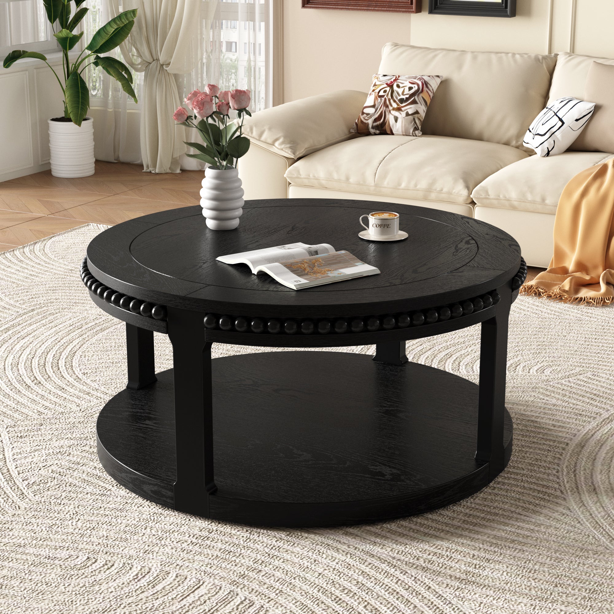 31.5 Inch Solid Wood Round Coffee Table for Living Room,2-Tier Rustic Wood Desktop with Storage Shelf Modern Design Home Furniture (Black)