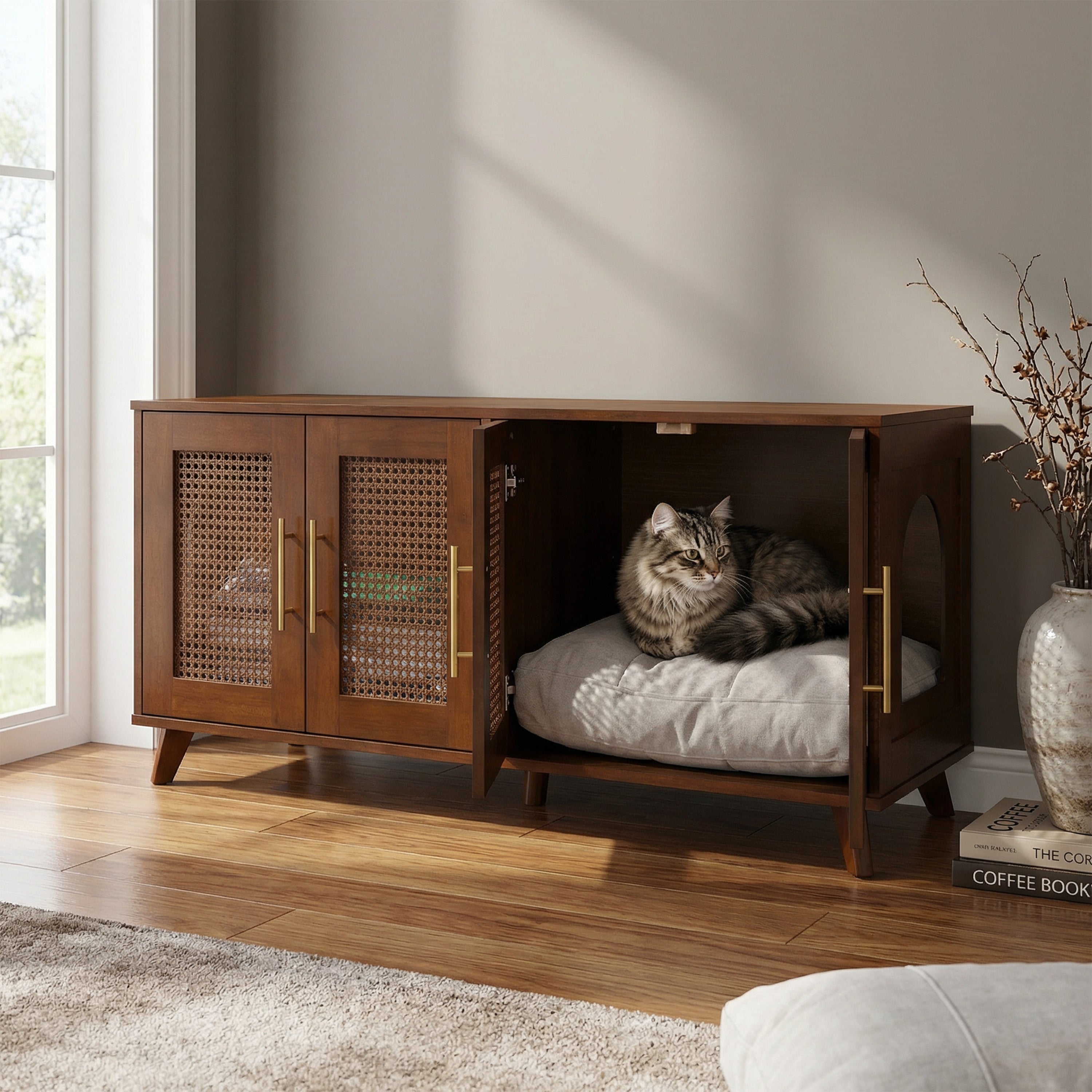 Myra Walnut Rubber Wood Cat Cabinet with Cozy Cushion - 47-Inch
