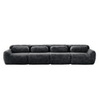 Front view of 149'' dark grey modular plush sofa featuring a seamless, low-profile design and ultra-soft fabric finish.