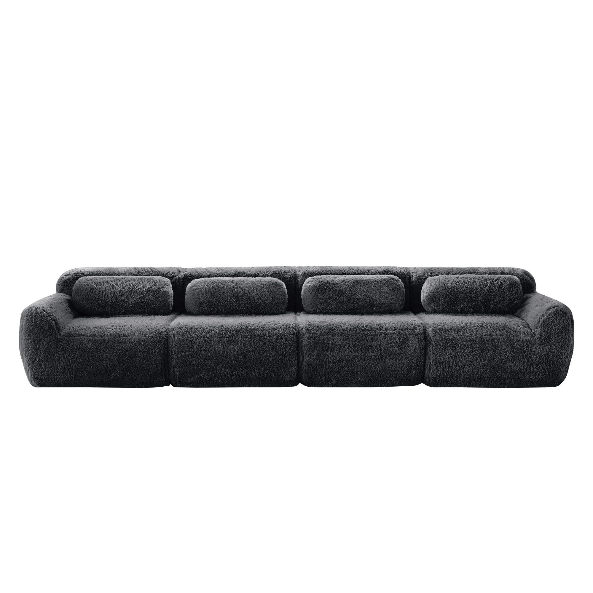 Front view of 149'' dark grey modular plush sofa featuring a seamless, low-profile design and ultra-soft fabric finish.