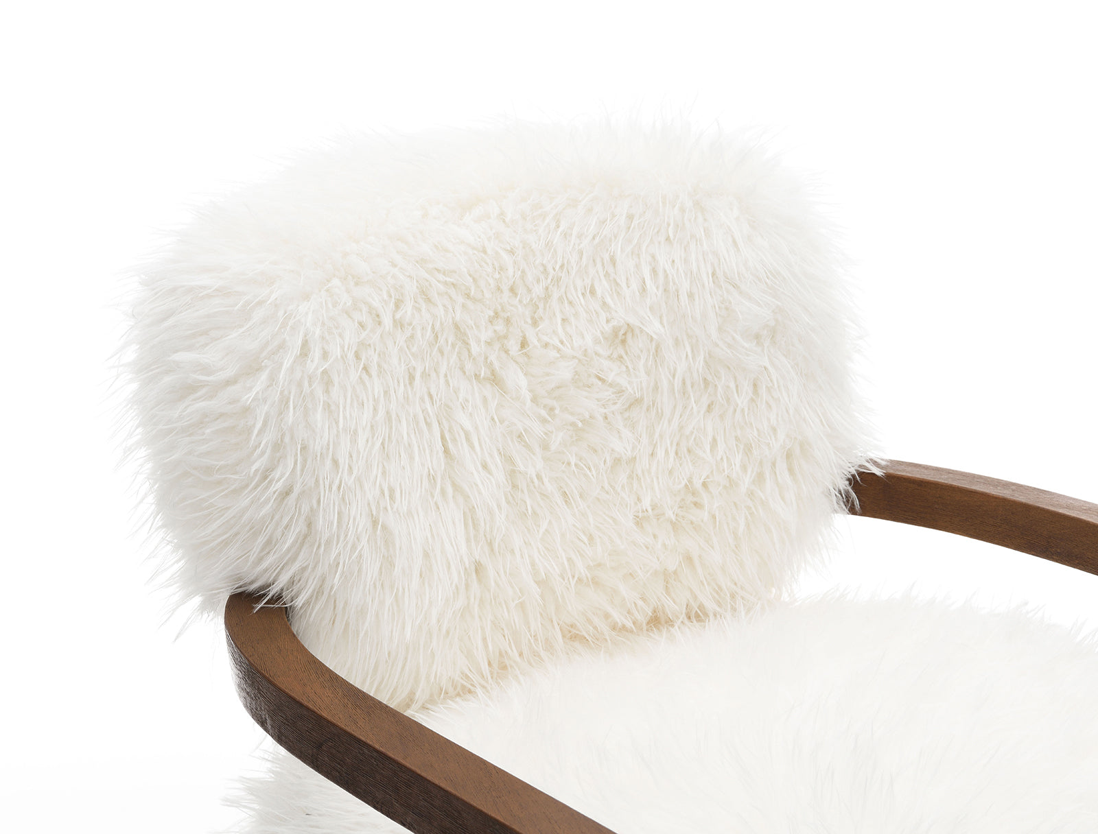 Close-up of the plush white faux fur backrest on the accent chair, showcasing its soft texture and comfort.