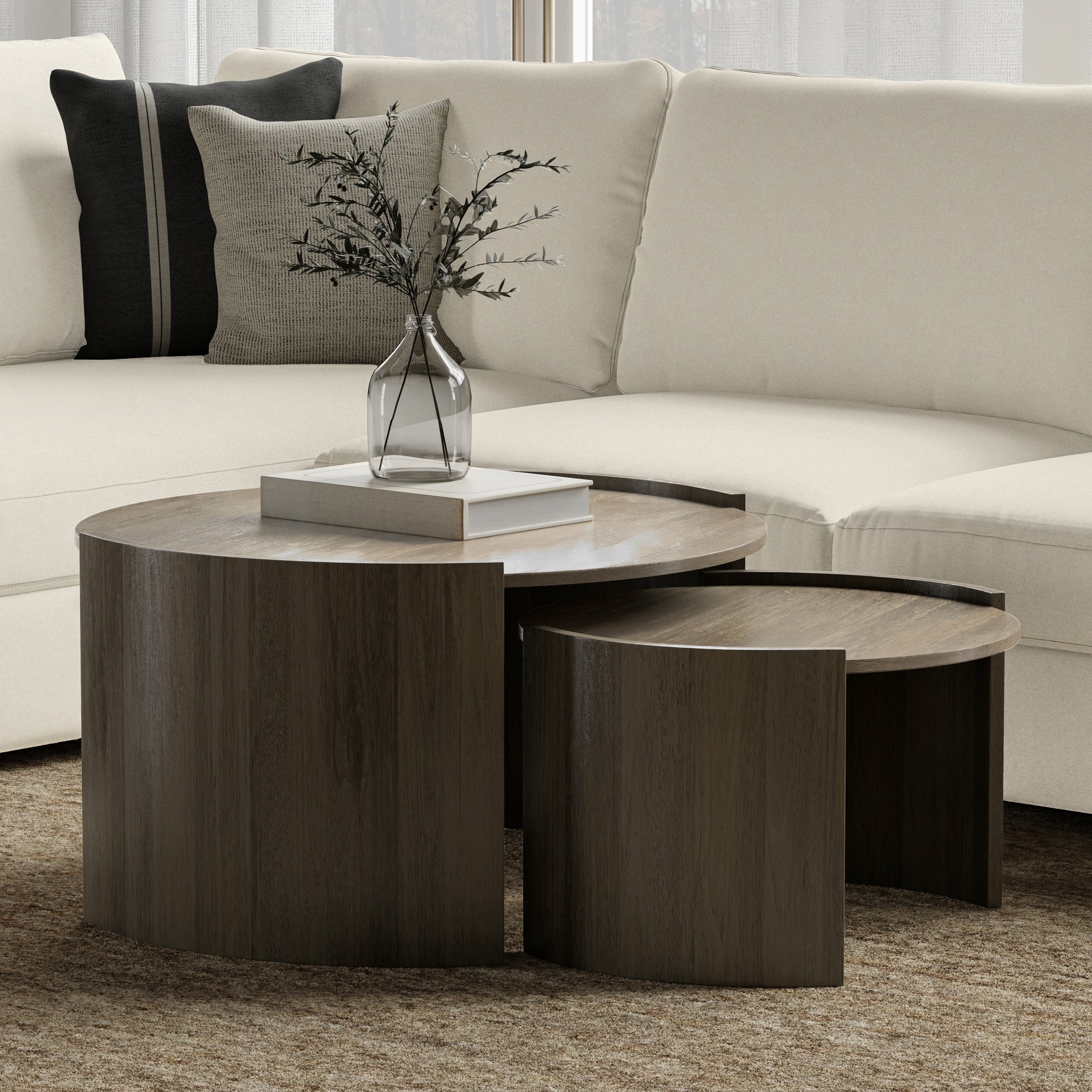 Robin Wood Nesting Tables - Ash Grey set styled in a modern living room with neutral sectional sofa. Durable, space-saving design ideal for small spaces.