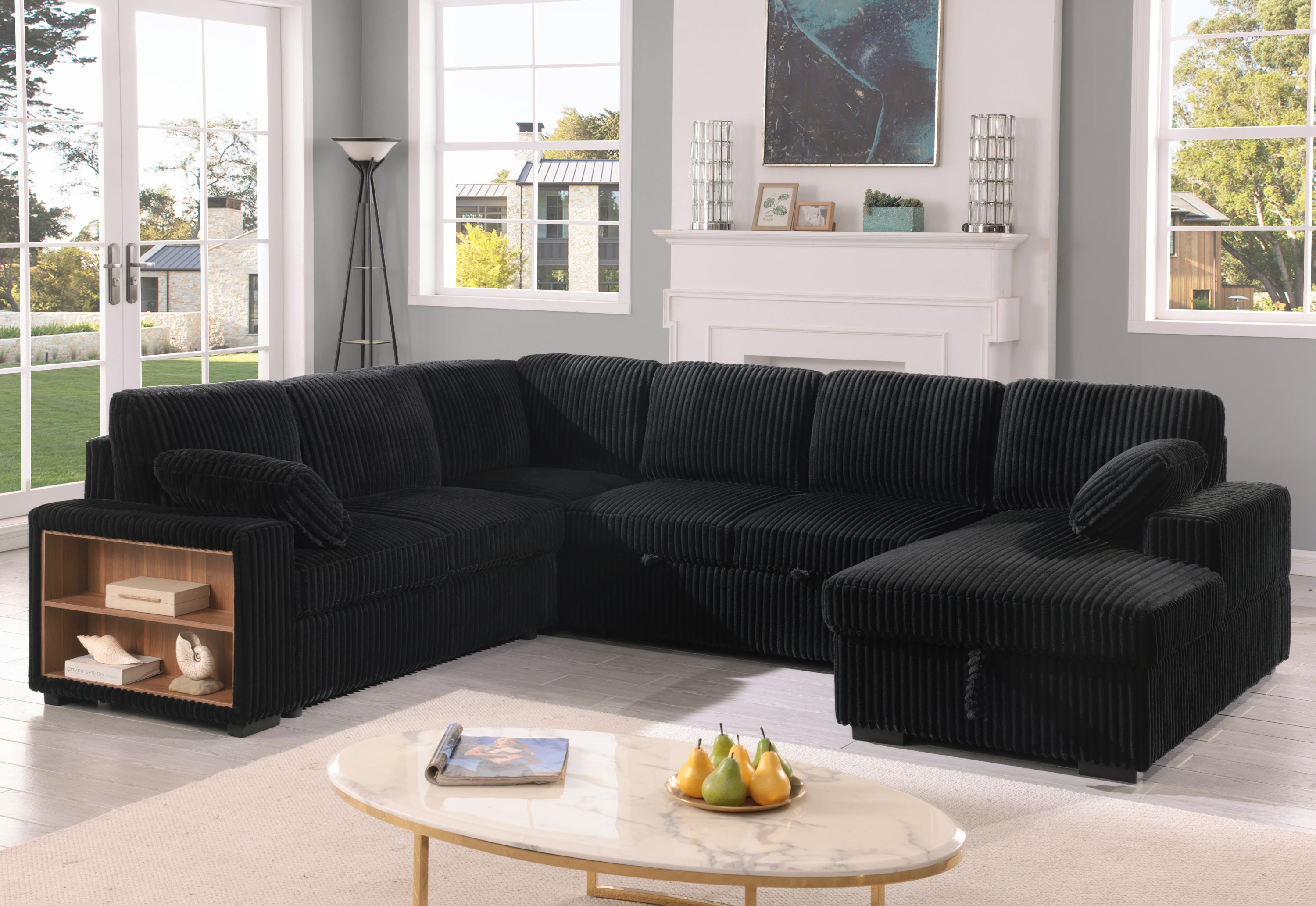 Convertible sleeper sofa in black corduroy with built-in side storage, ideal for modern living rooms with sectional layout and comfort.