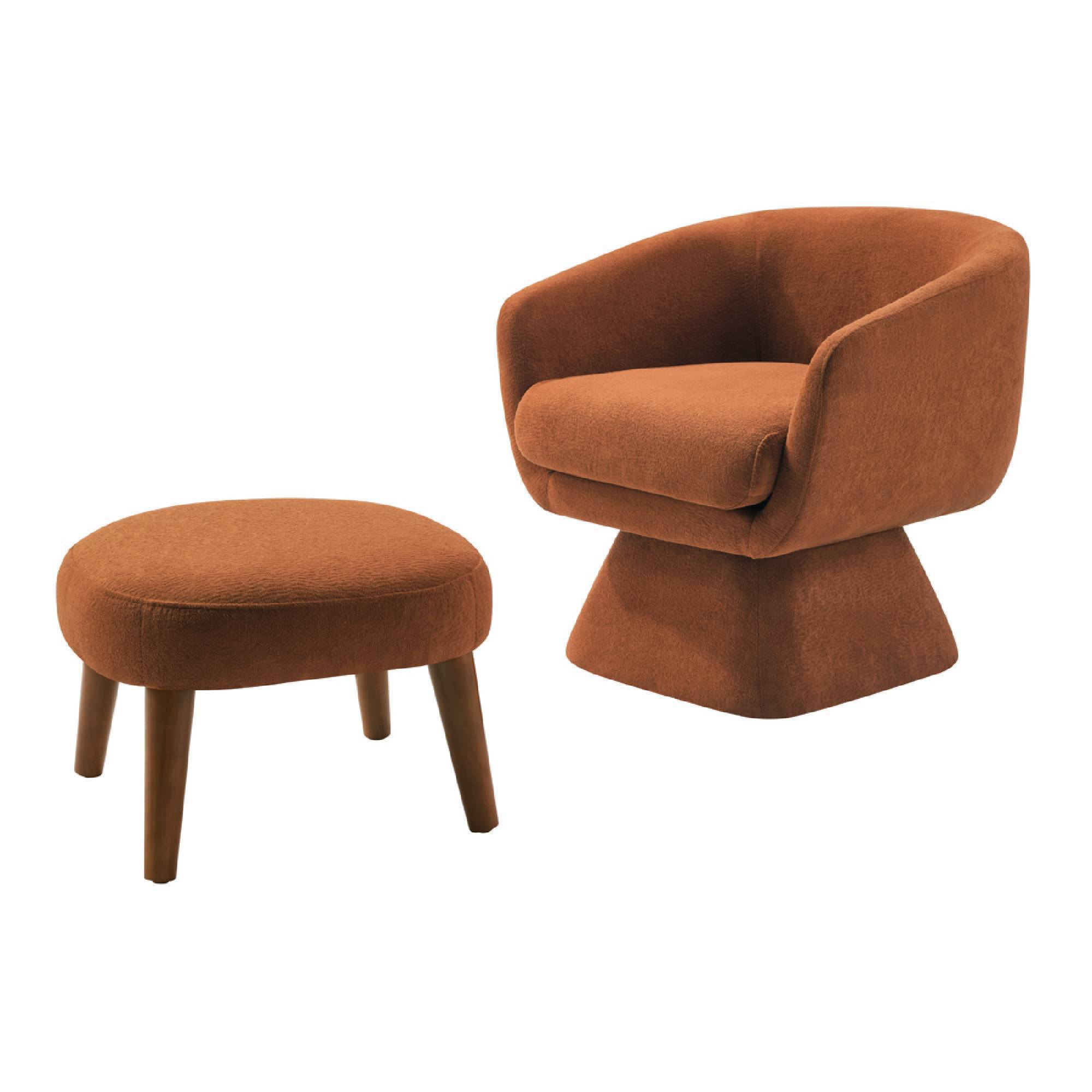 Modern Accent Chair with Ottoman set in burnt orange fabric, featuring a swivel base and plush padding for cozy lounging.