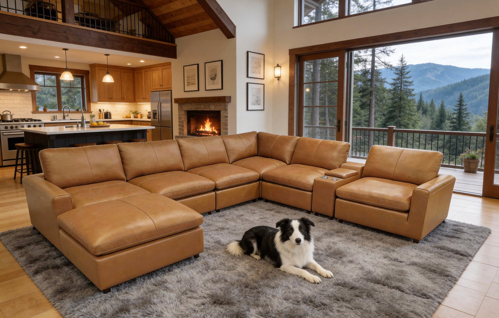 Ginger Leather Match 7-Seat U-Shaped Modular Sectional with Console