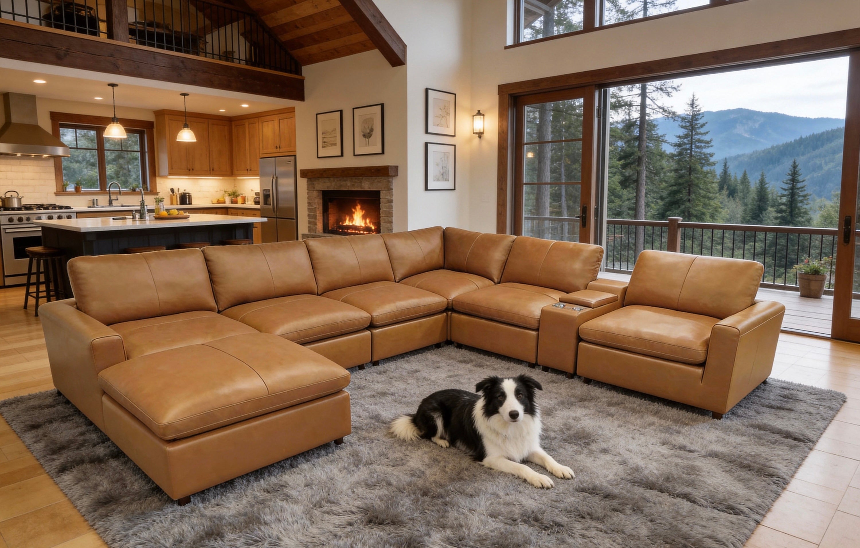Ginger Leather Match 7-Seat U-Shaped Modular Sectional with Console