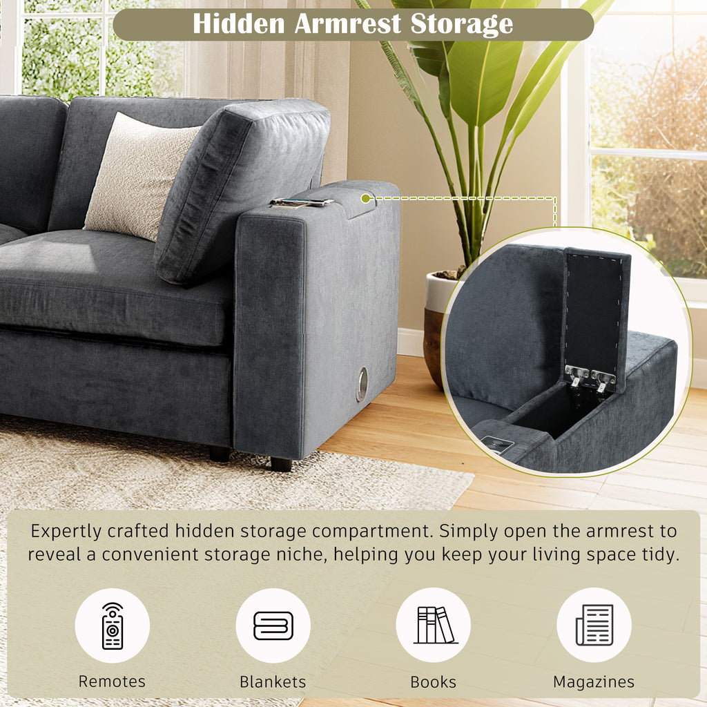 Hidden armrest storage in modular sofa with USB and wireless charging, ideal for organizing remotes, books, and gadgets.