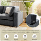 Hidden armrest storage in modular sofa with USB and wireless charging, ideal for organizing remotes, books, and gadgets.